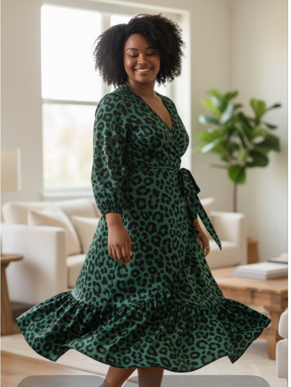 Green Leopard Print Wrap Midi Dress with Tie Waist